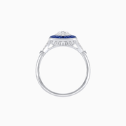 Vintage Platinum (PT950) Marquise Diamond & French-Cut Blue Sapphire Ring with Milgrain and Split Shank Design