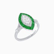 Platinum 950 Marquise Diamond Ring with French-Cut Emerald Halo, Diamond-Accented Split Shank & Milgrain Detailing