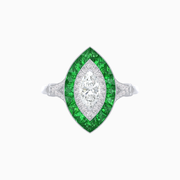 Platinum 950 Marquise Diamond Ring with French-Cut Emerald Halo, Diamond-Accented Split Shank & Milgrain Detailing