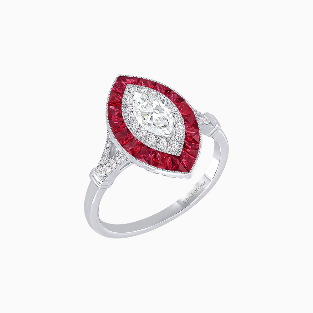 Platinum 950 Marquise Diamond Ring with French-Cut Ruby and Round Diamond Halo, Split Shank & Milgrain Detail