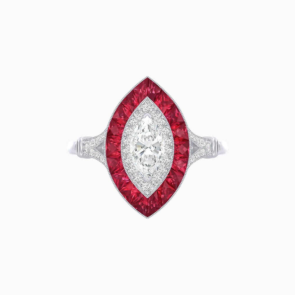 Platinum 950 Marquise Diamond Ring with French-Cut Ruby and Round Diamond Halo, Split Shank & Milgrain Detail