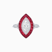 Platinum 950 Marquise Diamond Ring with French-Cut Ruby and Round Diamond Halo, Split Shank & Milgrain Detail