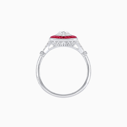Platinum 950 Marquise Diamond Ring with French-Cut Ruby and Round Diamond Halo, Split Shank & Milgrain Detail