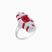 Handcrafted Art Deco–Inspired Ruby & Diamond Platinum Ring with Milgrain Detailing