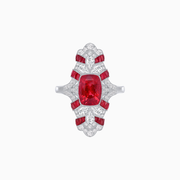 Handcrafted Art Deco–Inspired Ruby & Diamond Platinum Ring with Milgrain Detailing