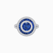 Triple Halo Blue Sapphire & Diamond Ring in Platinum