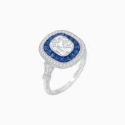 Cushion-Cut Old Mine Diamond & Blue Sapphire Halo Ring