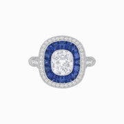 Cushion-Cut Old Mine Diamond & Blue Sapphire Halo Ring