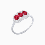Platinum Three-Stone Ruby & Diamond Straight Shank Ring with Hand Milgrain