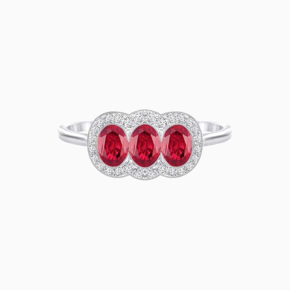 Platinum Three-Stone Ruby & Diamond Straight Shank Ring with Hand Milgrain