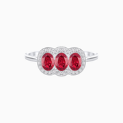 Platinum Three-Stone Ruby & Diamond Straight Shank Ring with Hand Milgrain