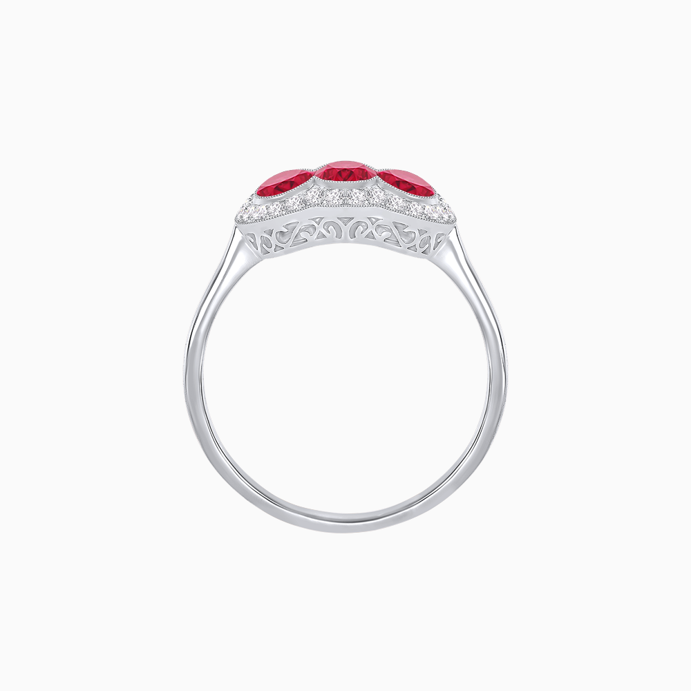 Platinum Three-Stone Ruby & Diamond Straight Shank Ring with Hand Milgrain