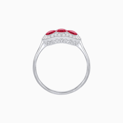 Platinum Three-Stone Ruby & Diamond Straight Shank Ring with Hand Milgrain