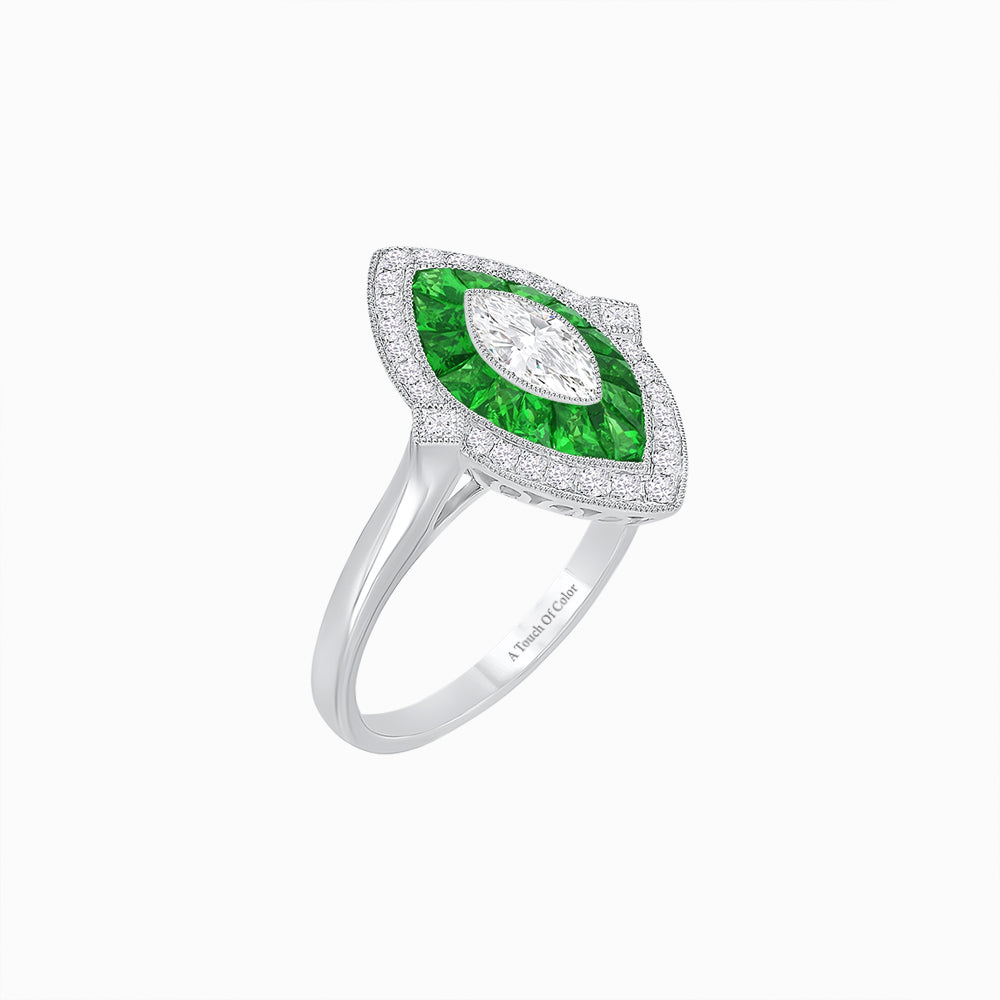 Platinum Marquise Diamond & Emerald Halo Ring with Vintage Milgrain Detailing