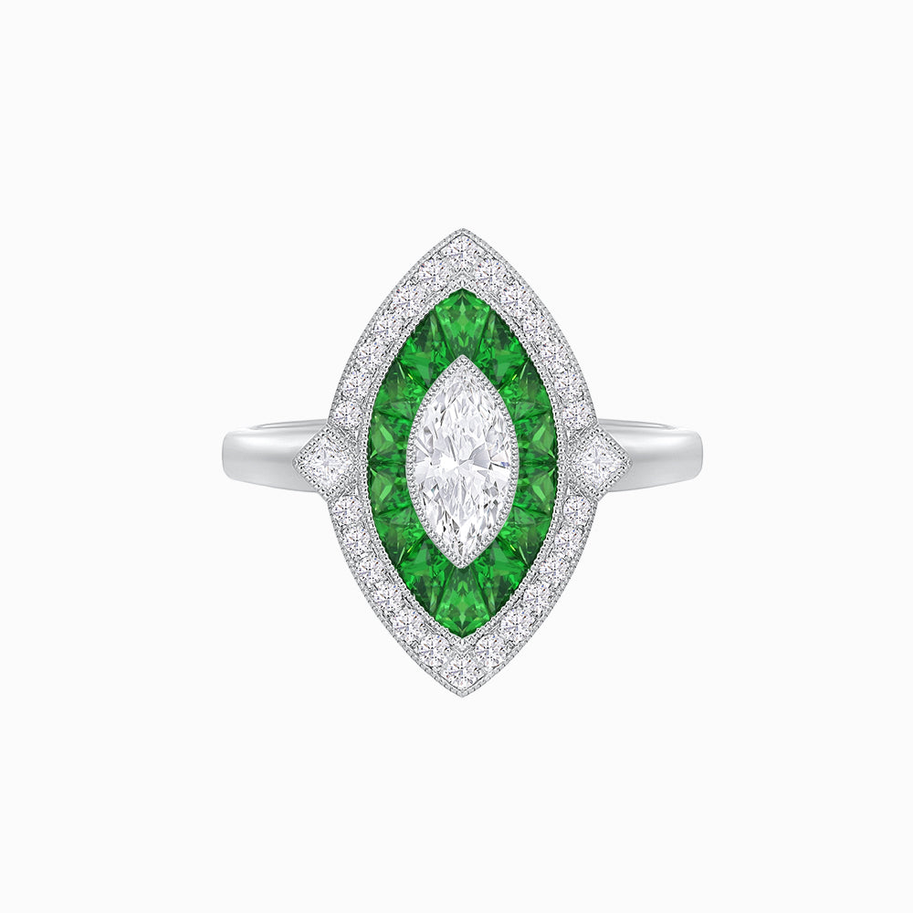 Platinum Marquise Diamond & Emerald Halo Ring with Vintage Milgrain Detailing