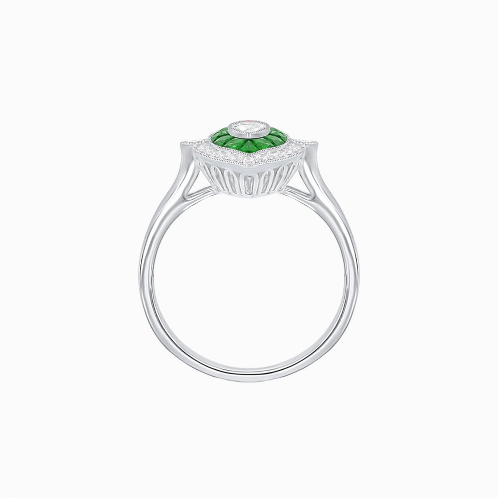 Platinum Marquise Diamond & Emerald Halo Ring with Vintage Milgrain Detailing