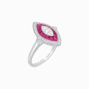 Platinum Marquise Diamond & Ruby Art Deco Halo Ring with Handcrafted Milgrain Detailing