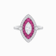 Platinum Marquise Diamond & Ruby Art Deco Halo Ring with Handcrafted Milgrain Detailing
