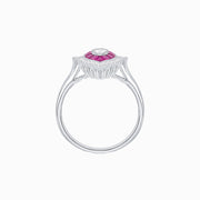 Platinum Marquise Diamond & Ruby Art Deco Halo Ring with Handcrafted Milgrain Detailing