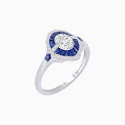 Platinum Art Deco Oval Diamond and French Cut Sapphire Ring with Milgrain Detail – GIA Certified