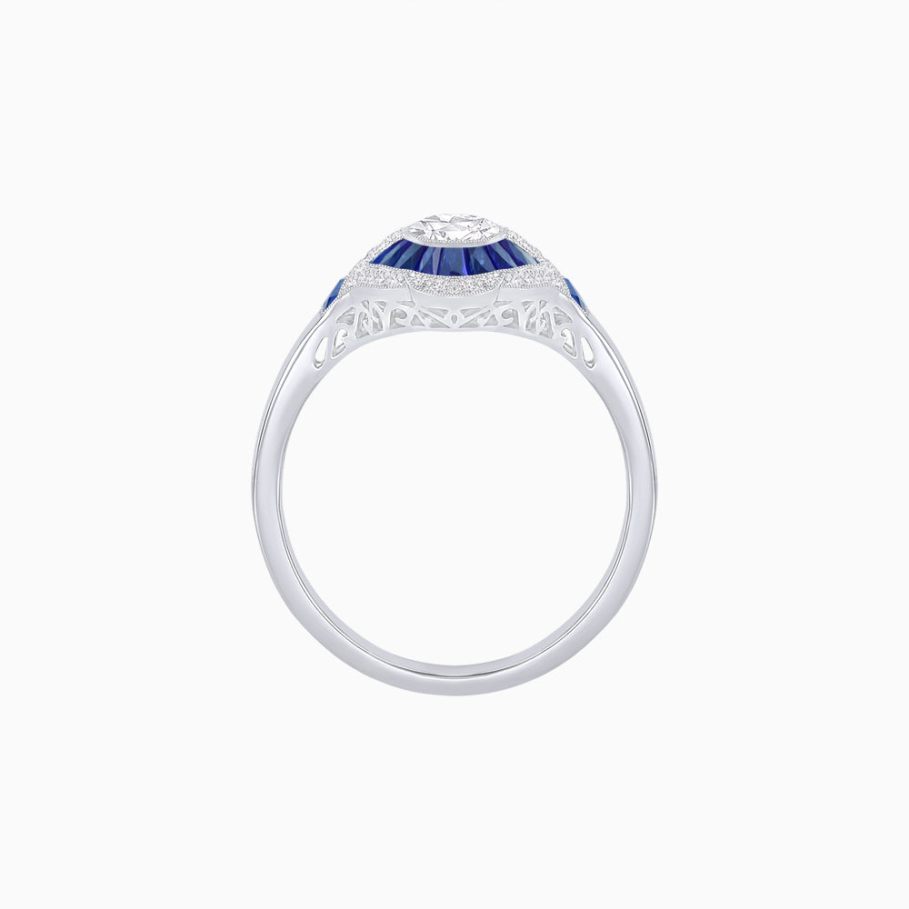 Platinum Art Deco Oval Diamond and French Cut Sapphire Ring with Milgrain Detail – GIA Certified