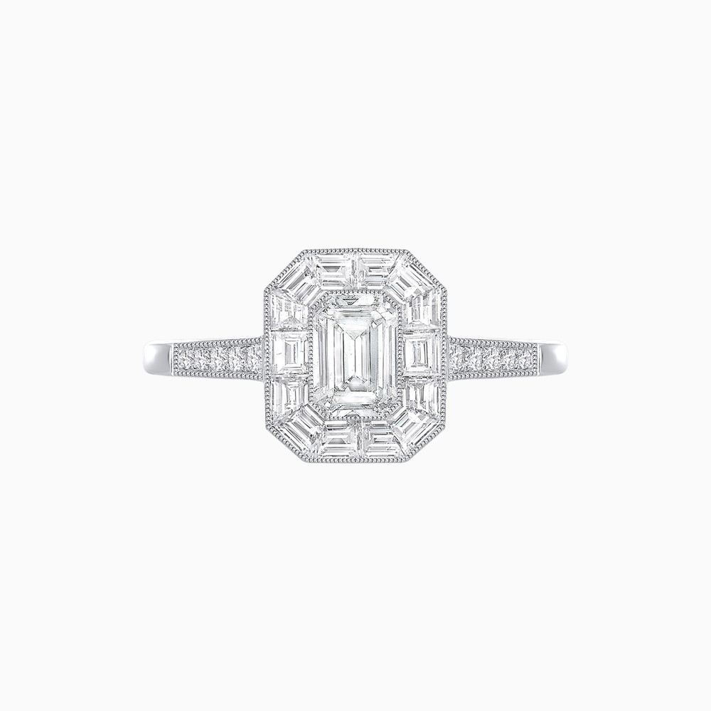 Emerald-Cut Diamond Halo Platinum Ring