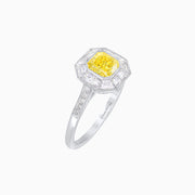 Vintage-Inspired Platinum Ring with Fancy Yellow Octagon Diamond and Baguette Accents