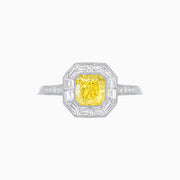 Vintage-Inspired Platinum Ring with Fancy Yellow Octagon Diamond and Baguette Accents