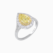 Elegant Pear Shape Fancy Yellow Diamond Engagement Ring with Baguette Halo