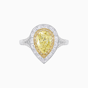 Elegant Pear Shape Fancy Yellow Diamond Engagement Ring with Baguette Halo