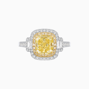 Double Halo Cushion Cut Fancy Yellow Diamond Ring with Tapered Diamond Accents