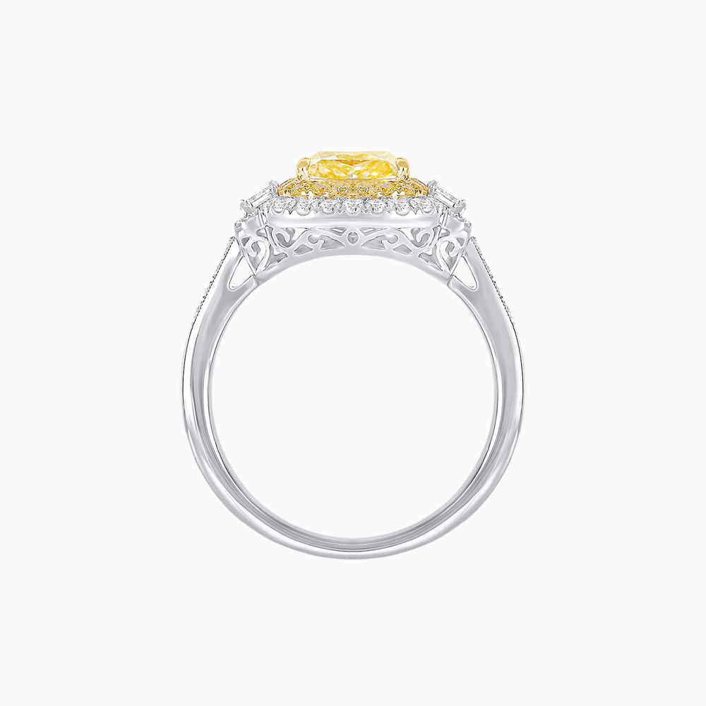 Double Halo Cushion Cut Fancy Yellow Diamond Ring with Tapered Diamond Accents