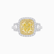 Cushion-Cut Fancy Yellow Diamond Ring in Platinum & 18K Yellow Gold with Tapered and Round Diamond Accents
