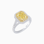 Double Halo  Platinum and 18K Yellow Gold Emerald Cut Fancy Yellow Diamond Ring