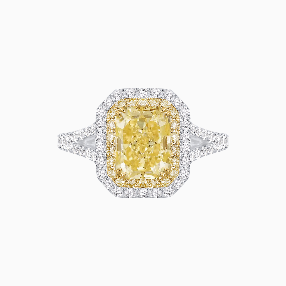 Double Halo  Platinum and 18K Yellow Gold Emerald Cut Fancy Yellow Diamond Ring