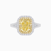 Double Halo  Platinum and 18K Yellow Gold Emerald Cut Fancy Yellow Diamond Ring