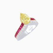 Platinum & 18K Gold Fancy Yellow Pear Diamond Ring with French Cut Rubies