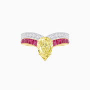 Platinum & 18K Gold Fancy Yellow Pear Diamond Ring with French Cut Rubies