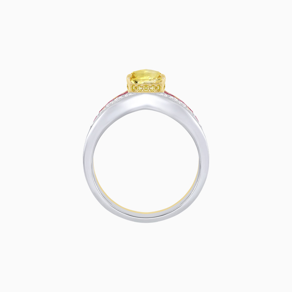 Platinum & 18K Gold Fancy Yellow Pear Diamond Ring with French Cut Rubies