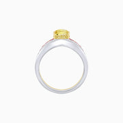 Platinum & 18K Gold Fancy Yellow Pear Diamond Ring with French Cut Rubies