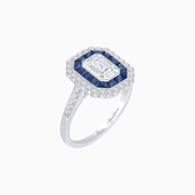Platinum Emerald-Cut Diamond & Sapphire Halo Ring – Vintage Petal Elegance