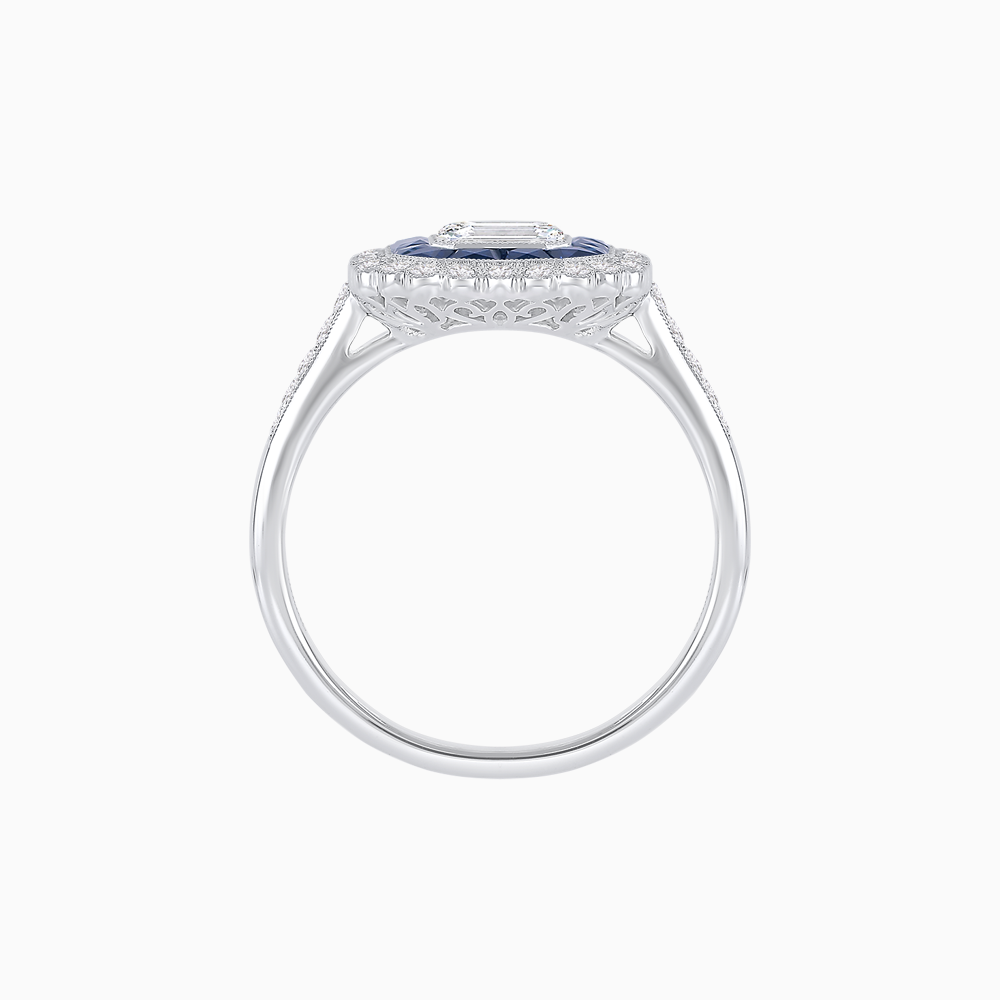 Platinum Emerald-Cut Diamond & Sapphire Halo Ring – Vintage Petal Elegance