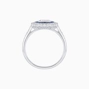 Platinum Emerald-Cut Diamond & Sapphire Halo Ring – Vintage Petal Elegance