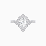 Vintage-Inspired Pear Shape Diamond Ring with Floral Halo and Milgrain Detail