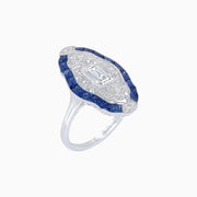 Vintage-Inspired Platinum Ring with Baguette-Cut Diamond & French-Cut Blue Sapphires