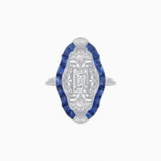 Vintage-Inspired Platinum Ring with Baguette-Cut Diamond & French-Cut Blue Sapphires