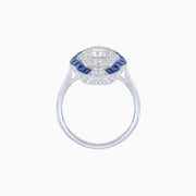 Vintage-Inspired Platinum Ring with Baguette-Cut Diamond & French-Cut Blue Sapphires