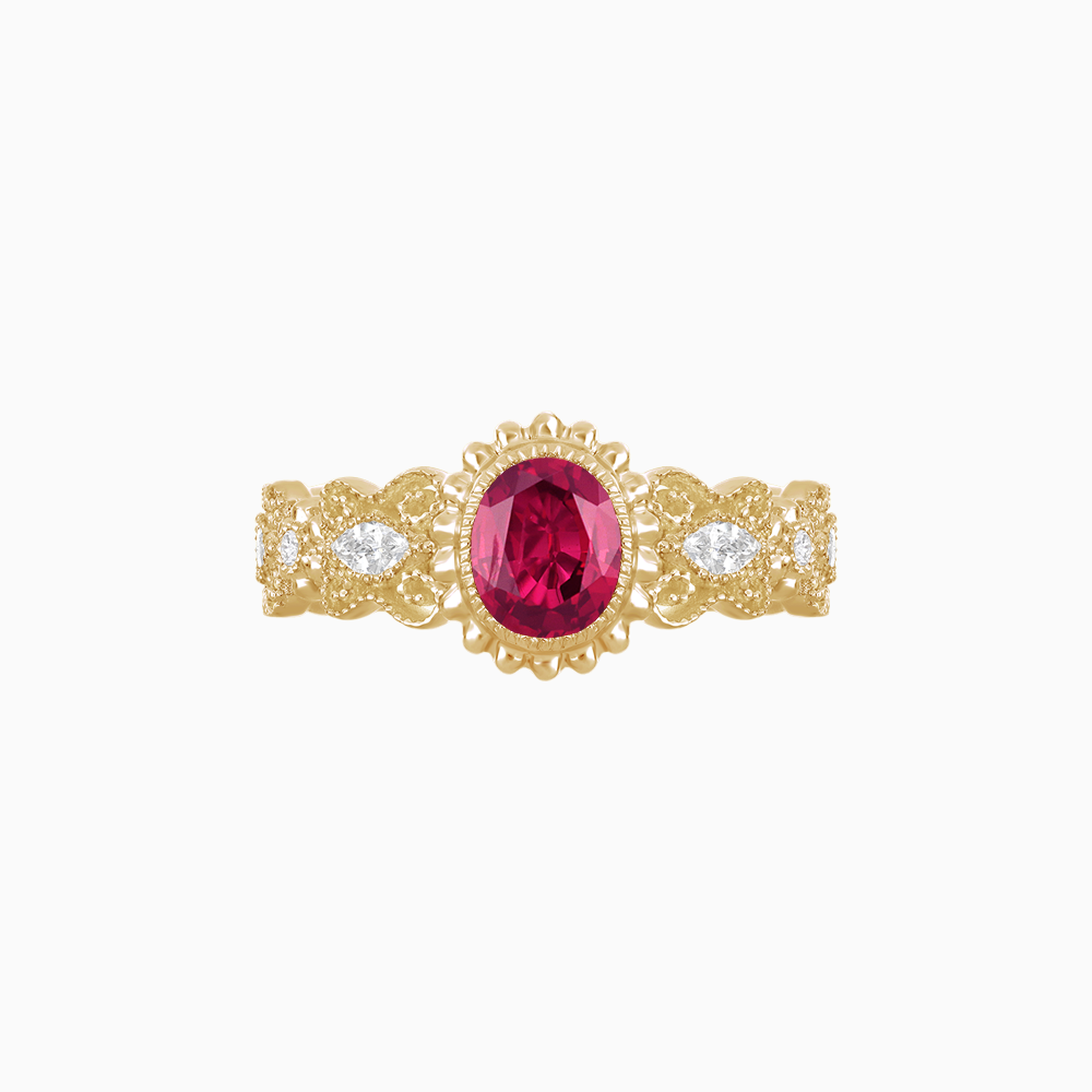 18K Yellow Gold Ruby and Diamond Vintage-Inspired Ring